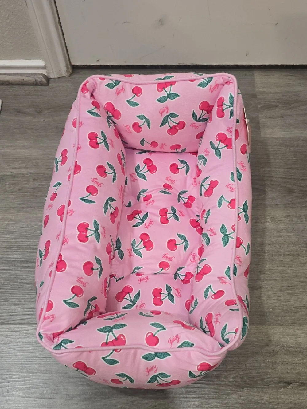 Juicy Couture Signature Logo Cherry Print Velour Pet Bed Cuddler